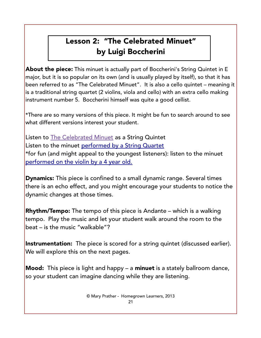 Lesson 2: “The Celebrated Minuet” by Luigi Boccherini