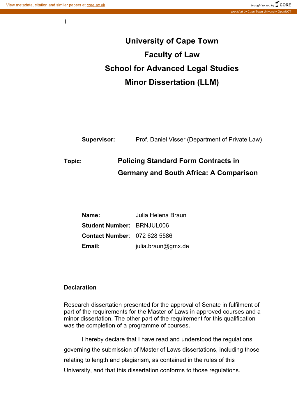 Standard Form Contracts in Germany and South Africa: a Comparison