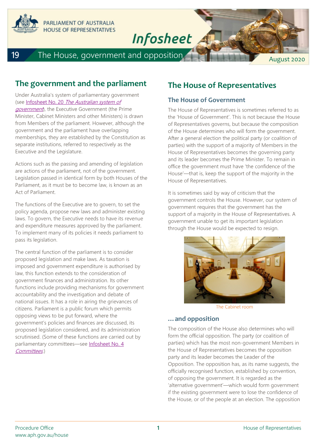 Infosheet No. 19: the House, Government and Opposition
