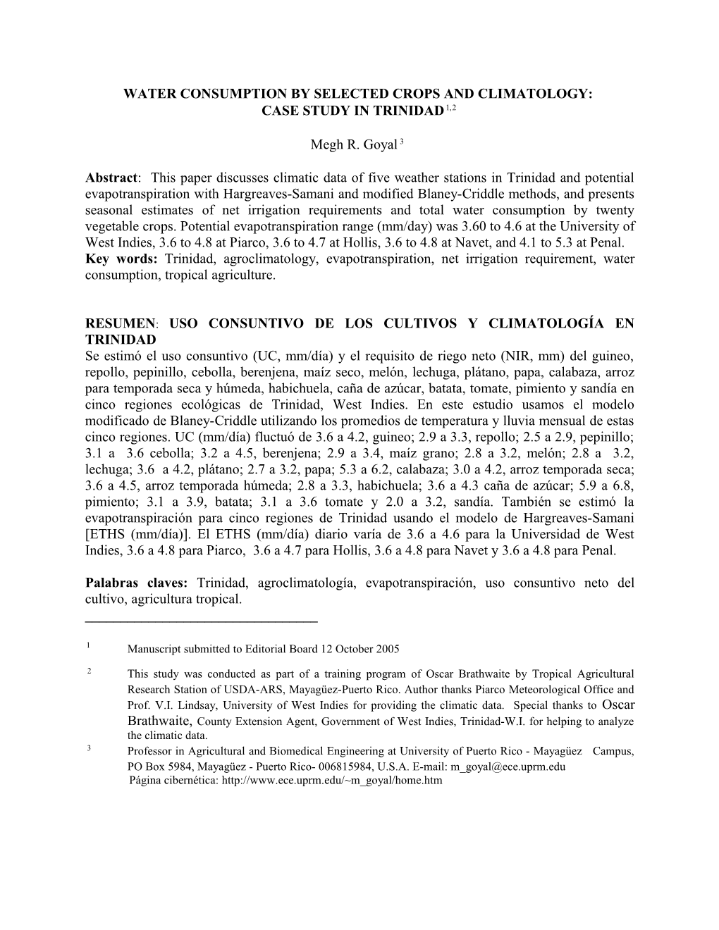 Water Consumption by Selected Crops and Climatology In