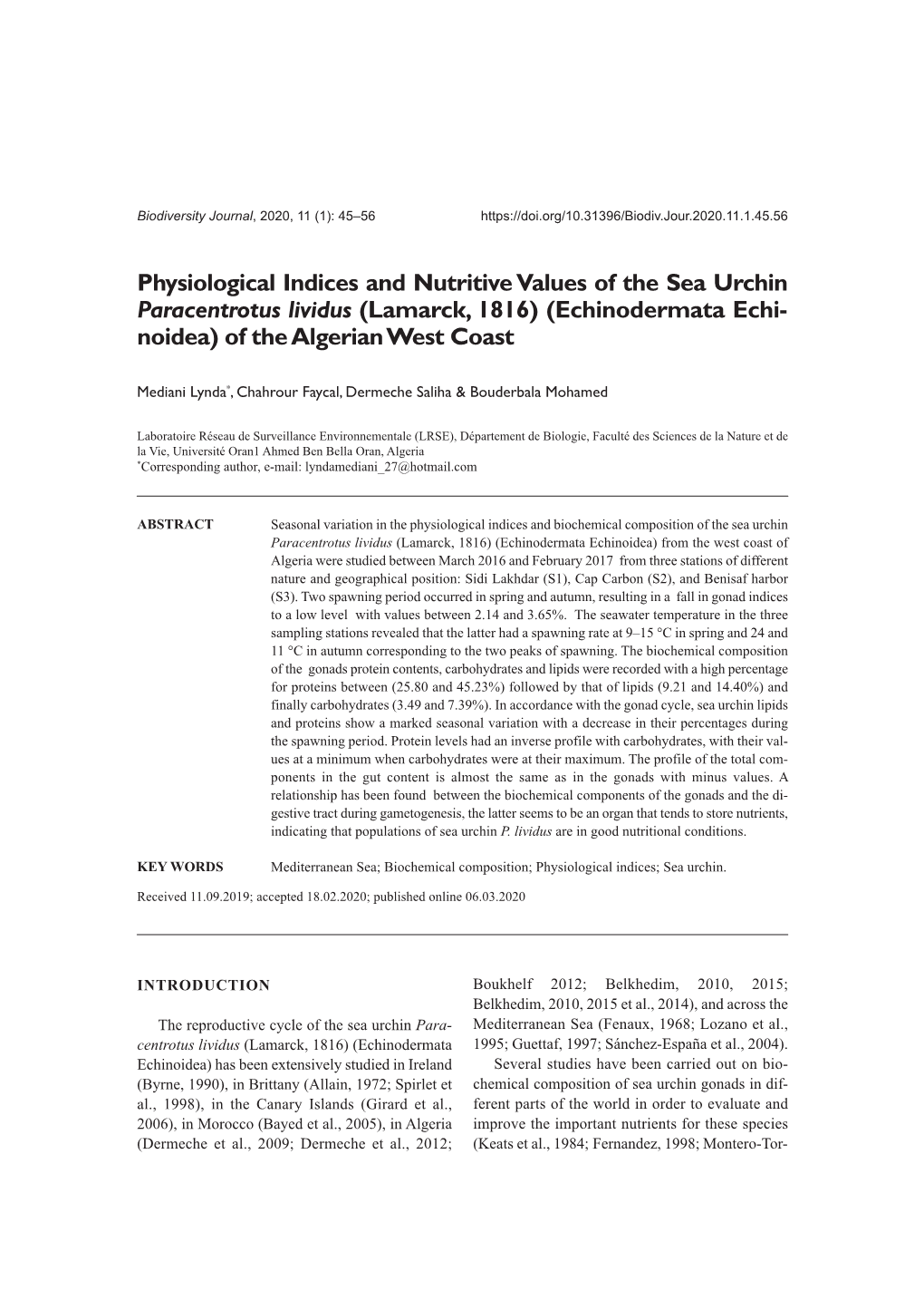 Physiological Indices and Nutritive Values of the Sea Urchin Paracentrotus Lividus (Lamarck, 1816) (Echinodermata Echi- Noidea) of the Algerian West Coast