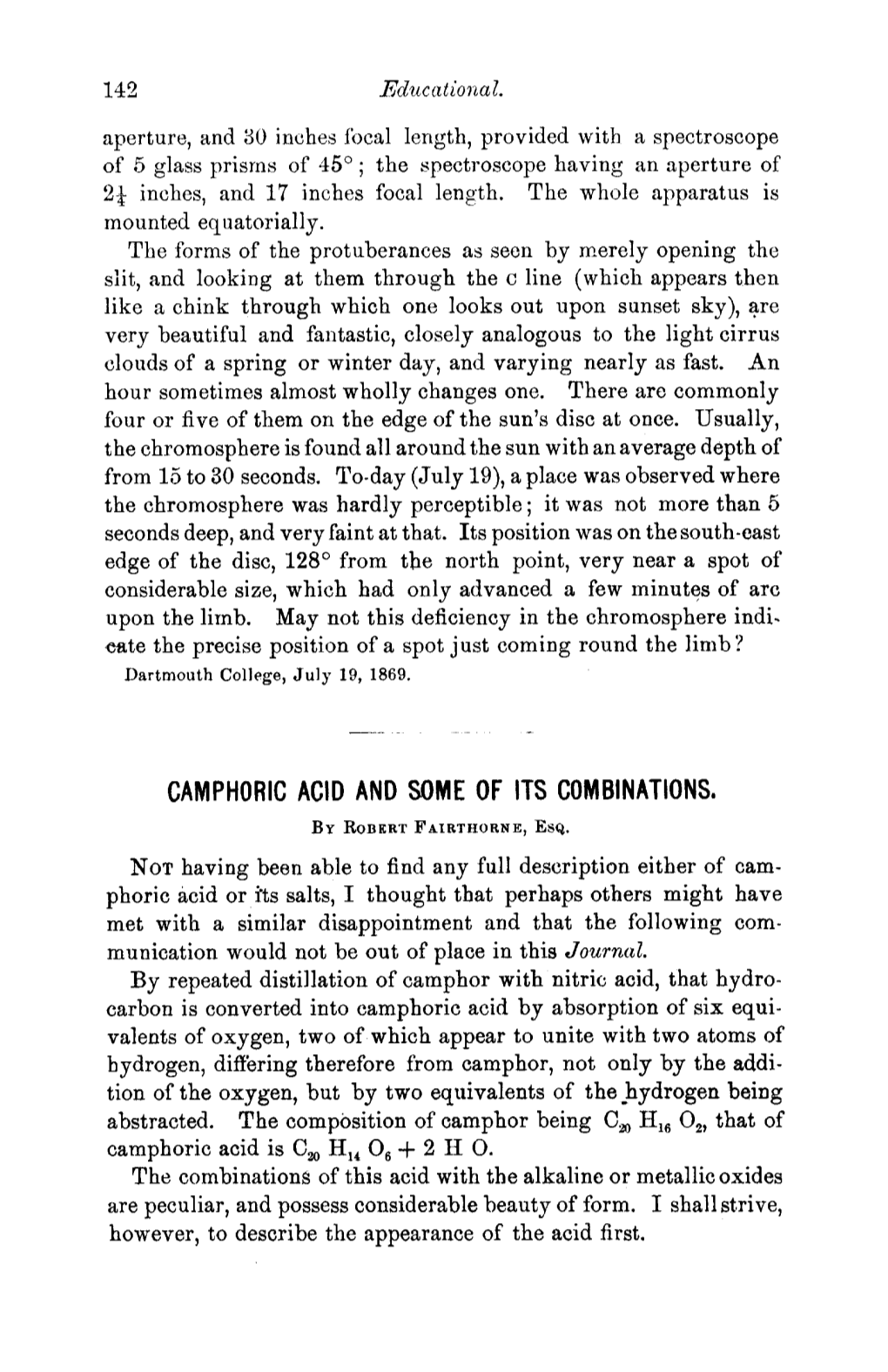 CAMPHORIC ACID and SOME of ITS COMBINATIONS. by Robgrt FAIRTHORNE~ ESQ