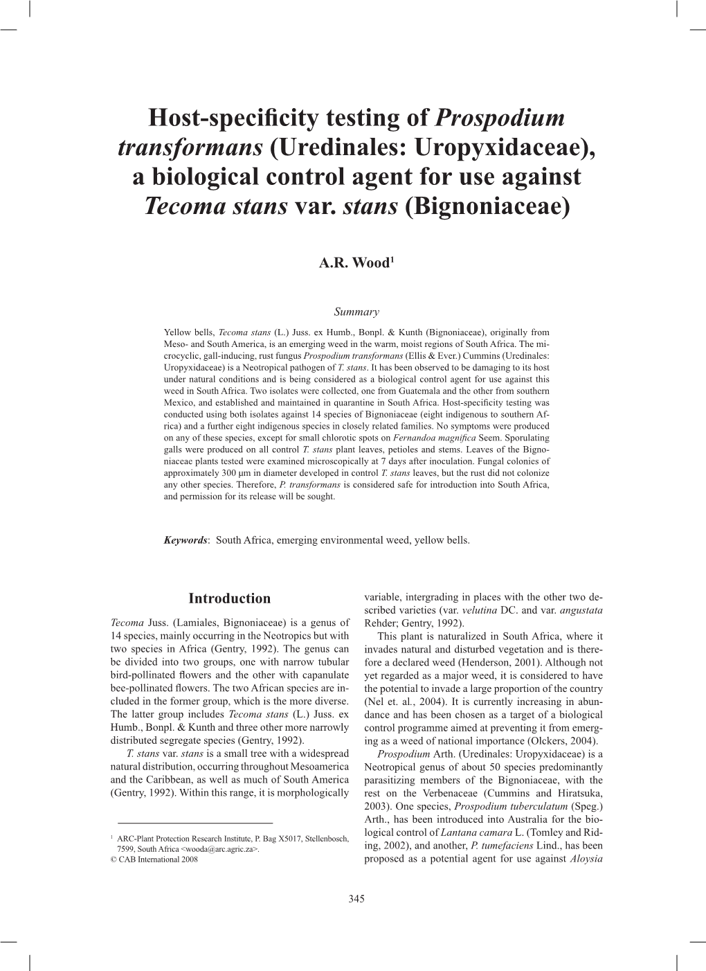 Host-Specificity Testing of Prospodium Transformans