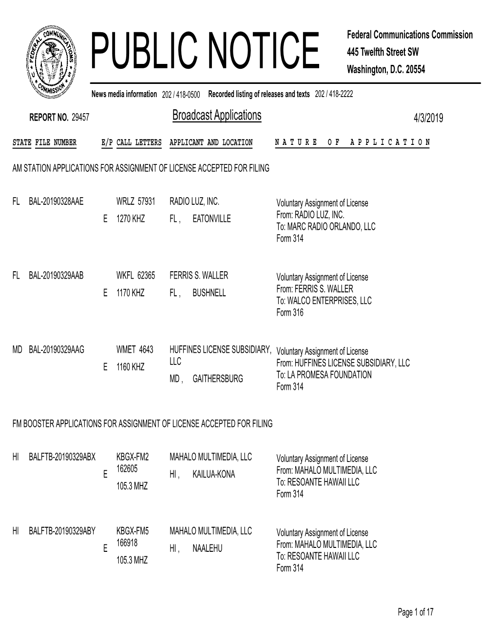 Broadcast Applications 4/3/2019