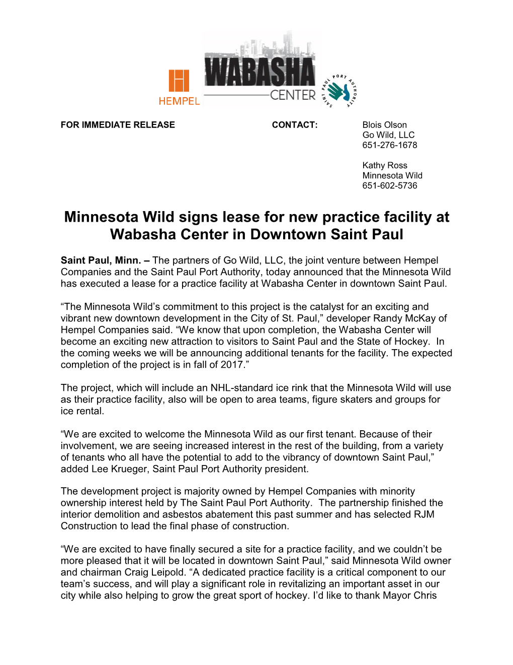 Minnesota Wild Signs Lease for New Practice Facility at Wabasha Center in Downtown Saint Paul