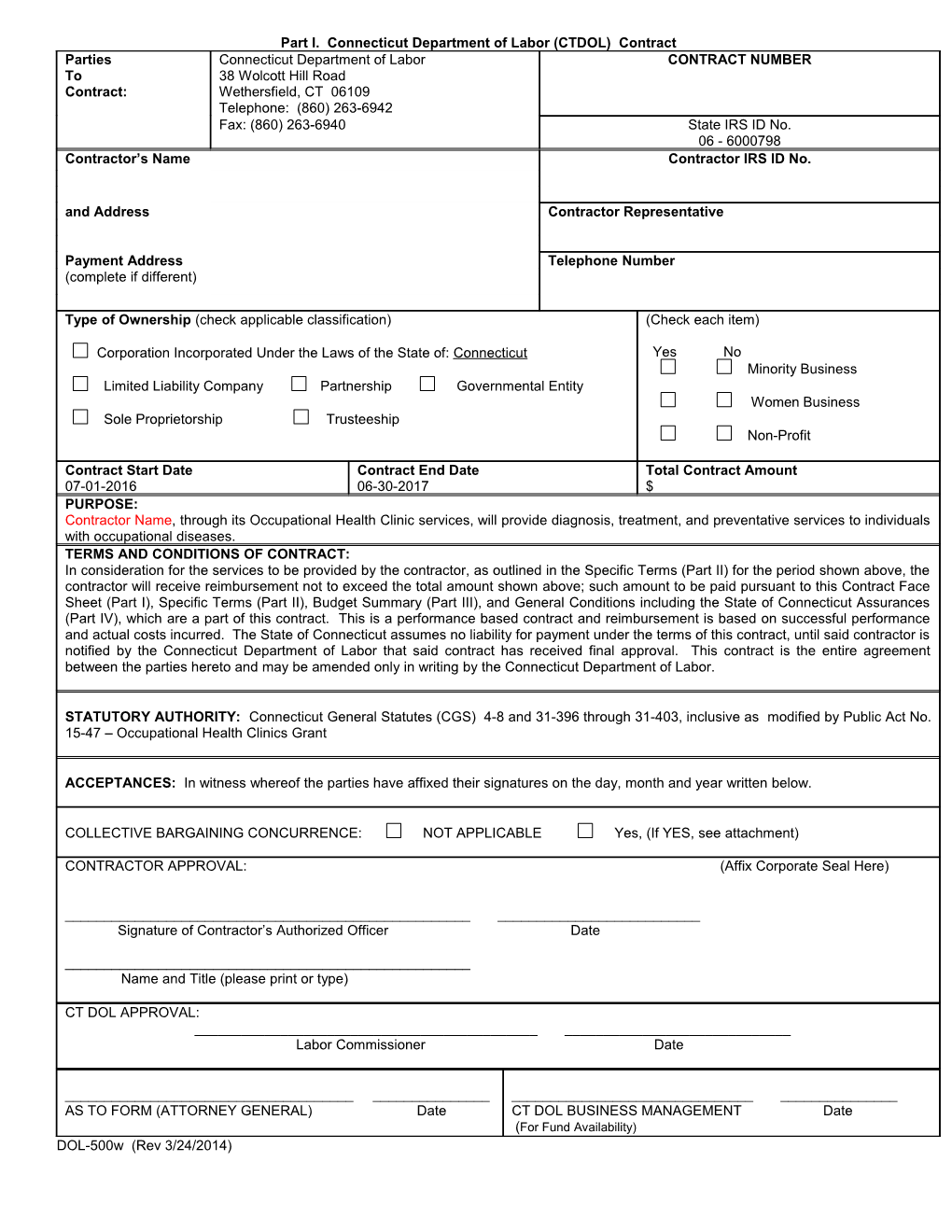 Part I. Connecticut Department of Labor (CTDOL) Contract s1