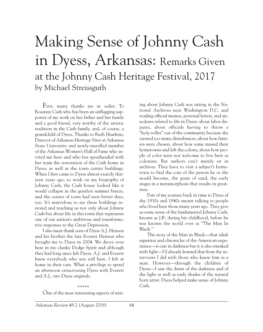 Making Sense of Johnny Cash in Dyess, Arkansas: Remarks Given at the Johnny Cash Heritage Festival, 2017 by Michael Streissguth