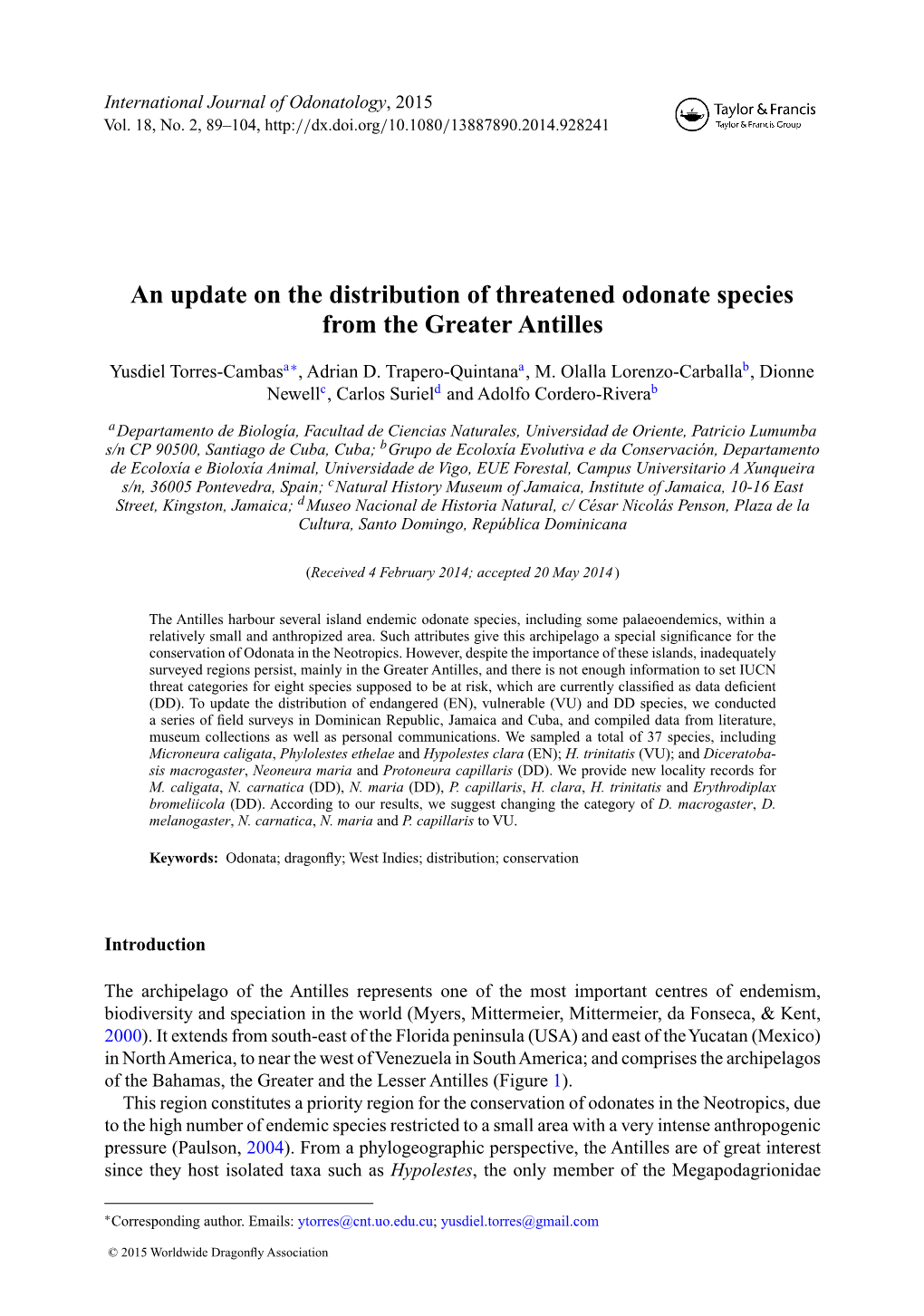 An Update on the Distribution of Threatened Odonate Species from the Greater Antilles