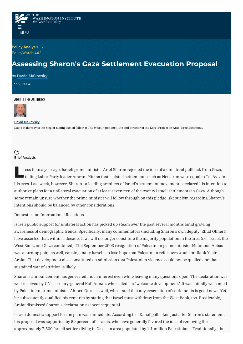 Assessing Sharon's Gaza Settlement Evacuation Proposal by David Makovsky