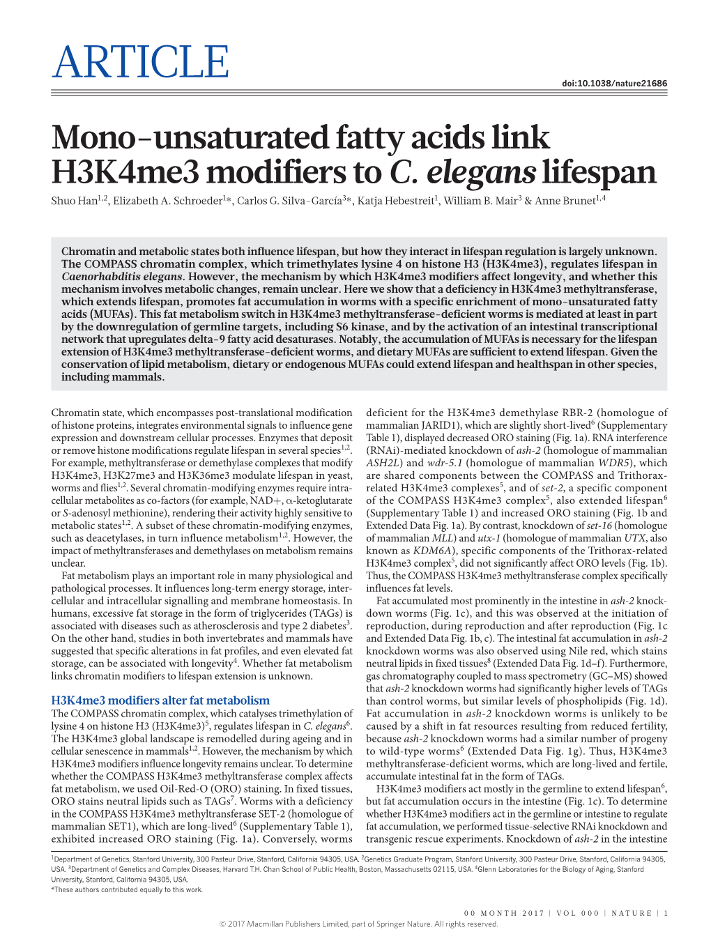 Mono-Unsaturated Fatty Acids Link H3k4me3 Modifiers to C. Elegans Lifespan Shuo Han1,2, Elizabeth A