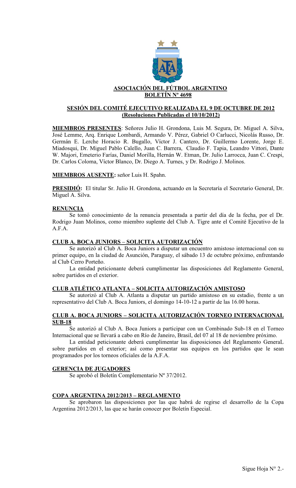 Asociación Del Fútbol Argentino Boletín Nº 4698