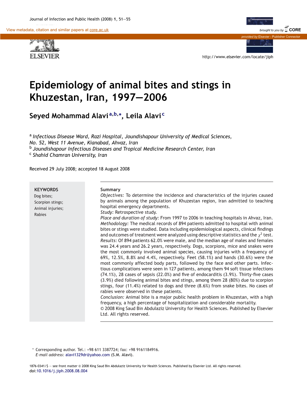 Epidemiology of Animal Bites and Stings in Khuzestan, Iran, 1997—2006