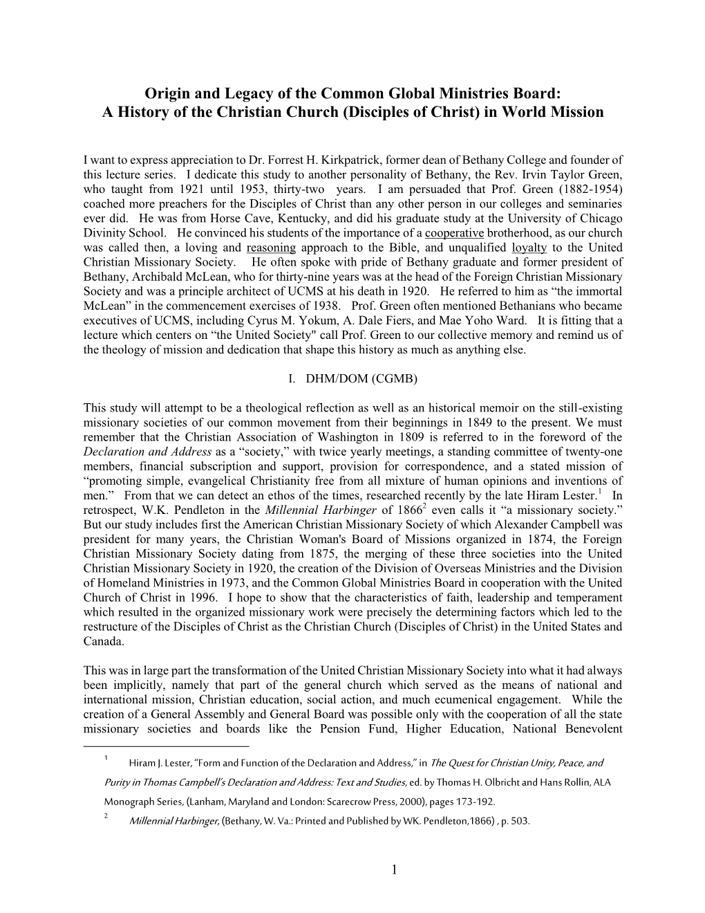 Origin and Legacy of the Common Global Ministries Board: a History of the Christian Church (Disciples of Christ) in World Mission