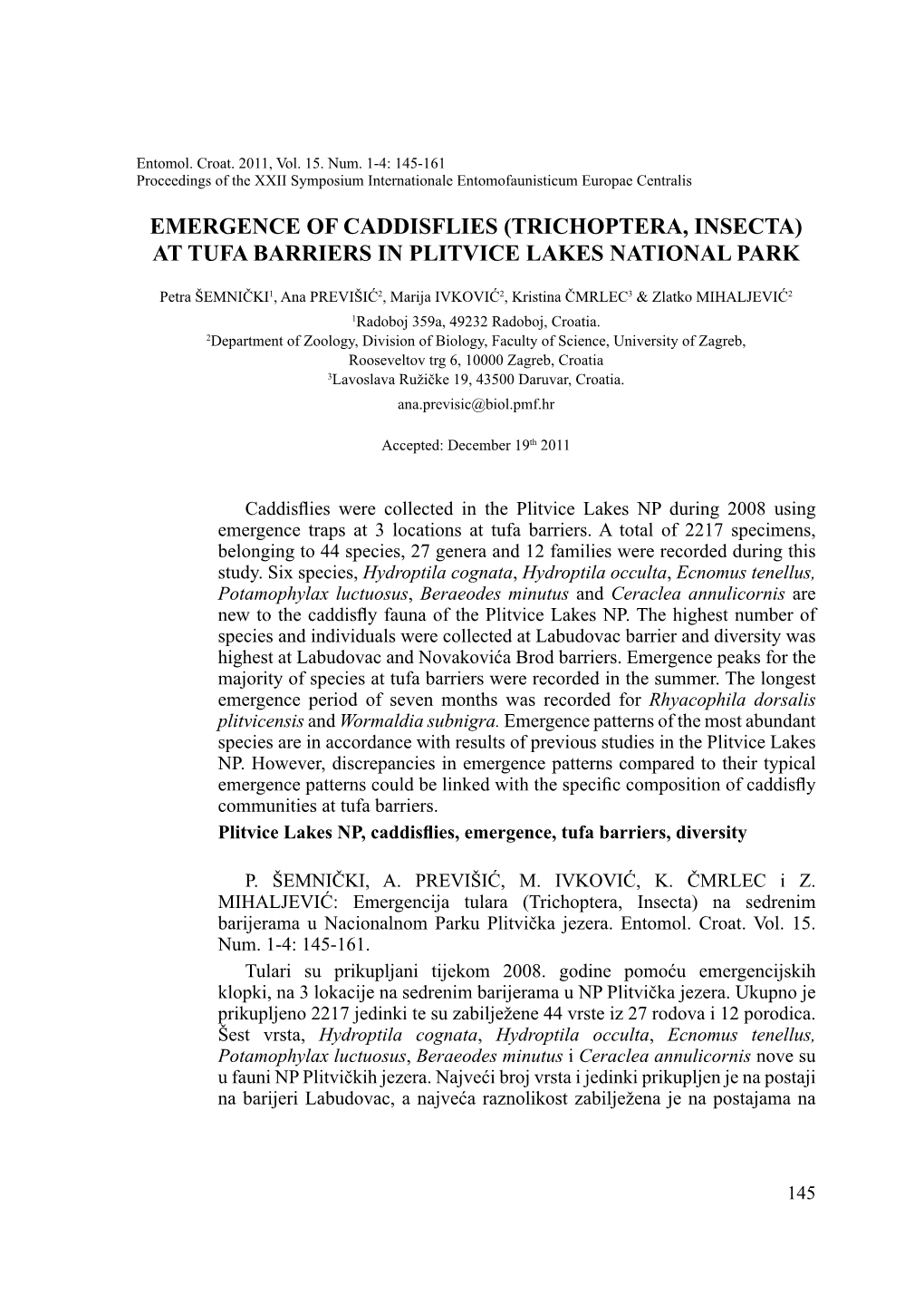 Emergence of Caddisflies (Trichoptera, Insecta) at Tufa Barriers in Plitvice Lakes National Park