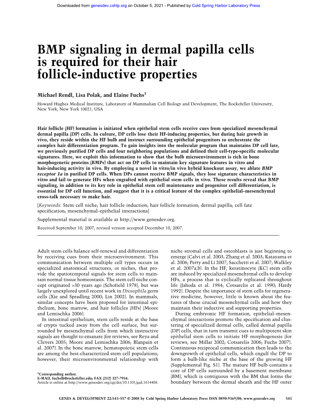 BMP Signaling in Dermal Papilla Cells Is Required for Their Hair Follicle-Inductive Properties