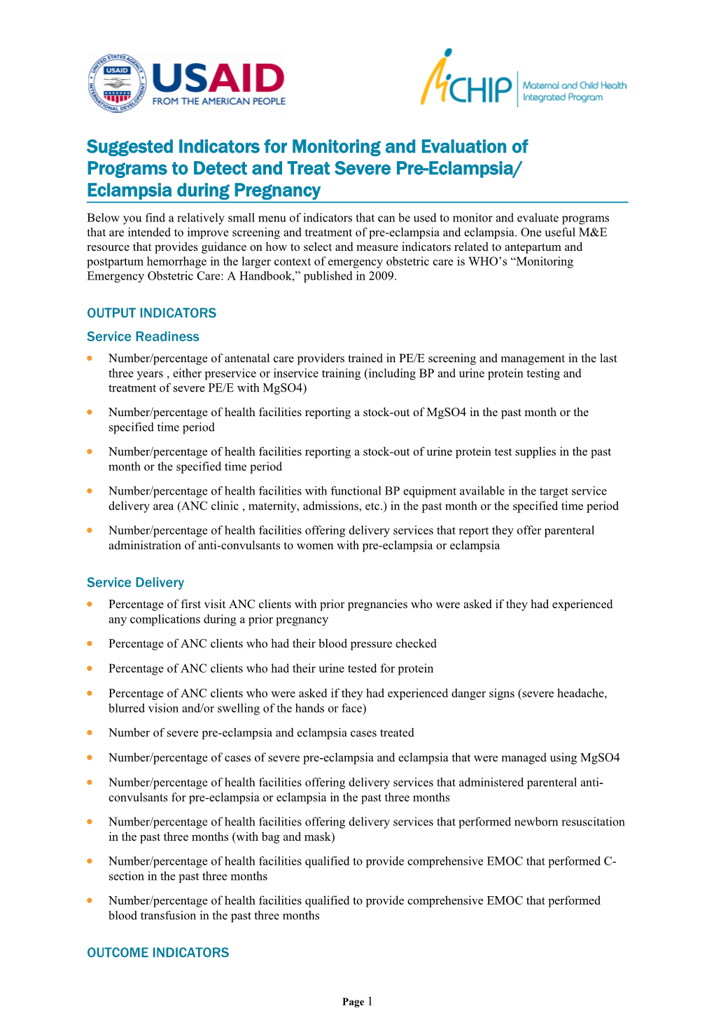 Suggested Indicators for Monitoring and Evaluation of Programs to Detect and Treat Severe