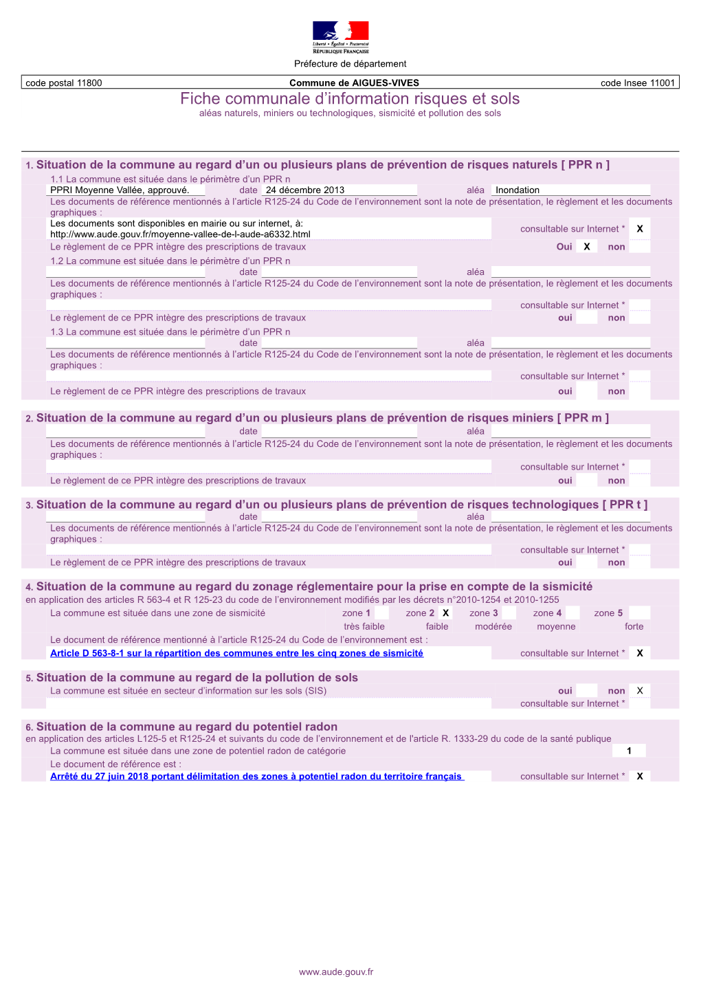 AIGUES-VIVES Code Insee 11001 Fiche Communale D’Information Risques Et Sols Aléas Naturels, Miniers Ou Technologiques, Sismicité Et Pollution Des Sols