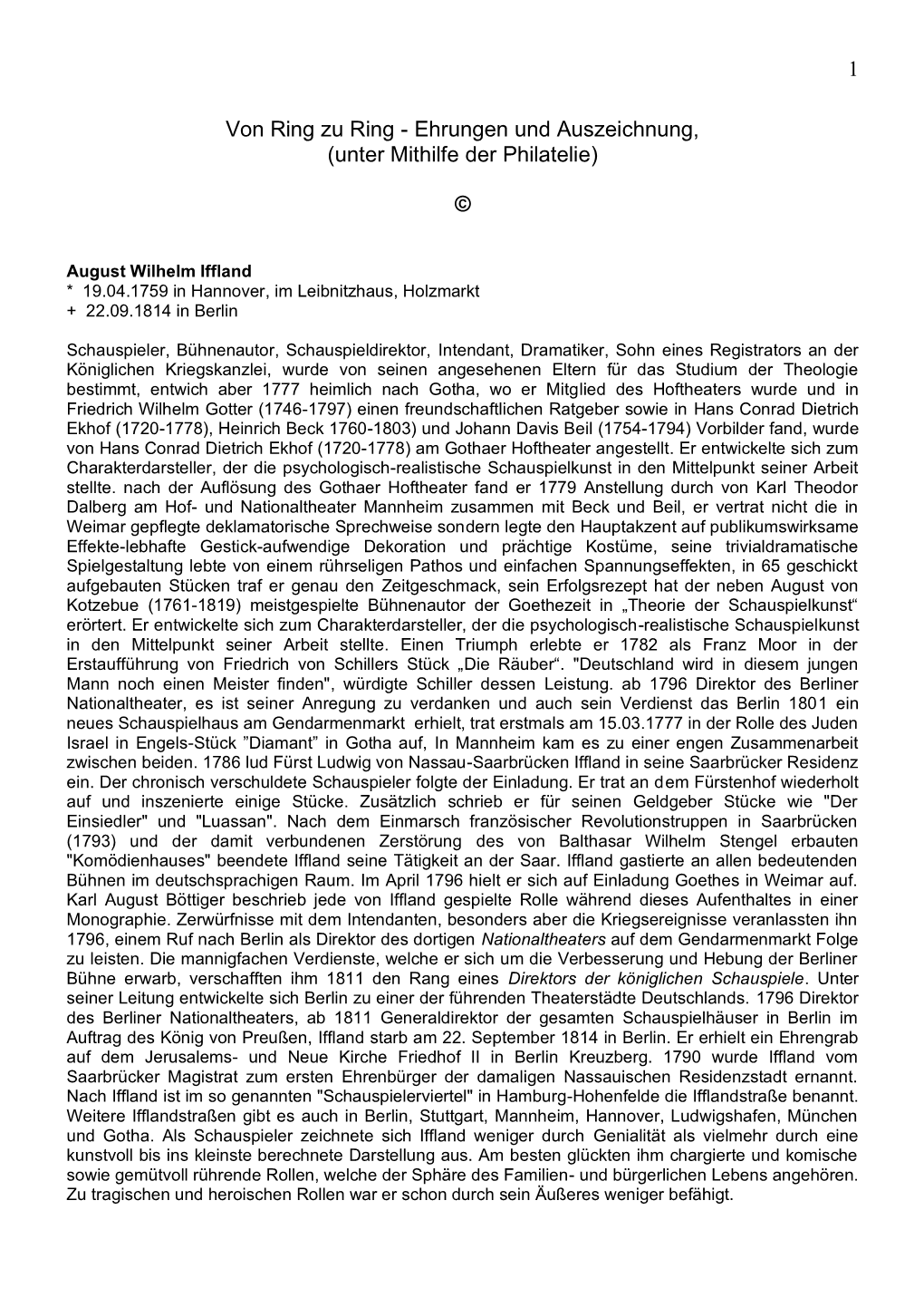 August Wilhelm Iffland * 19.04.1759 in Hannover, Im Leibnitzhaus, Holzmarkt + 22.09.1814 in Berlin