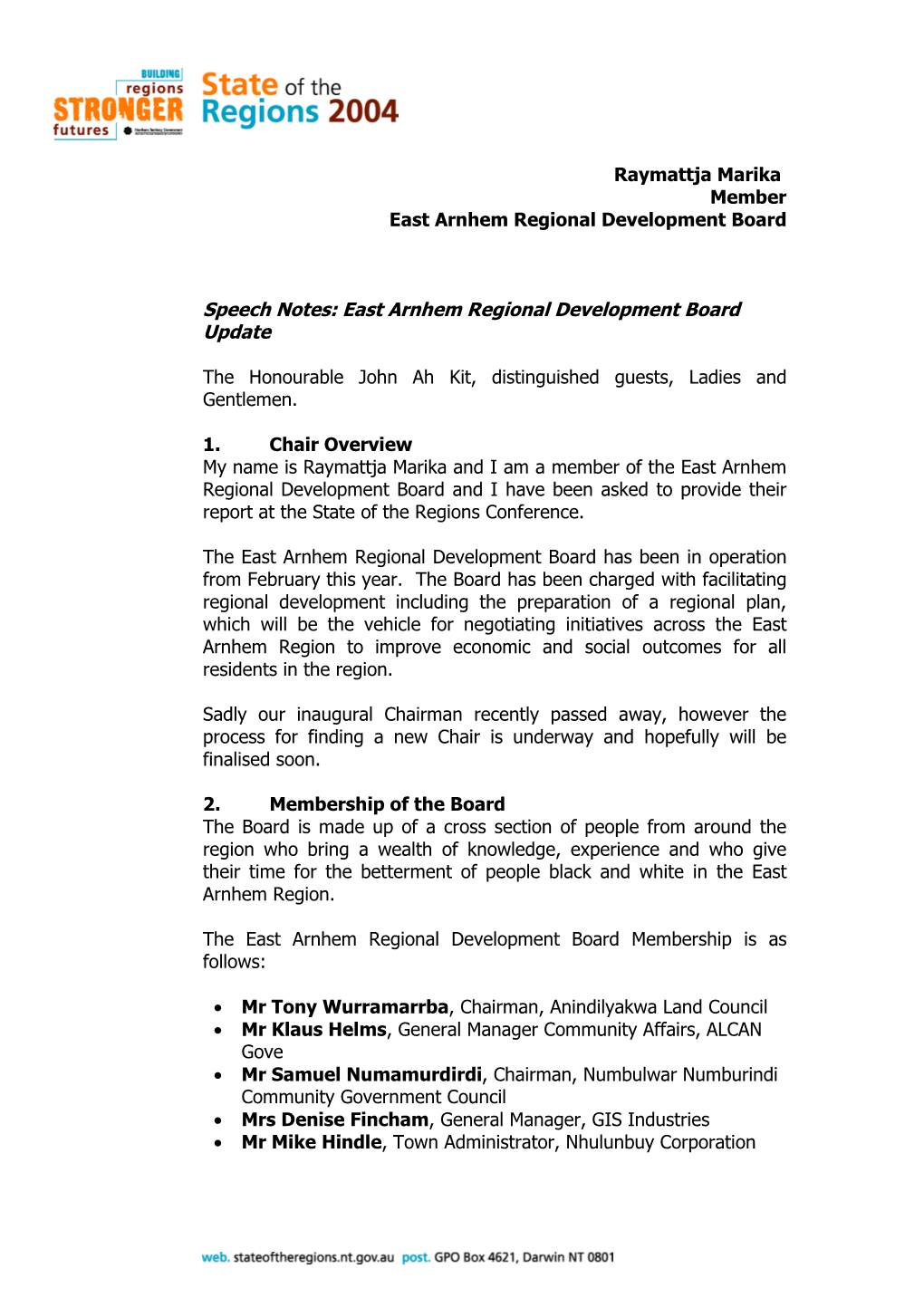 East Arneham Regional Development Board Update