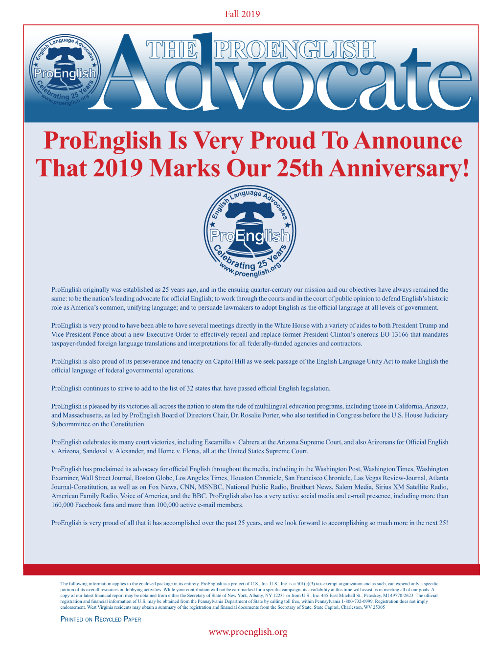 Proenglish Is Very Proud to Announce That 2019 Marks Our 25Th Anniversary!