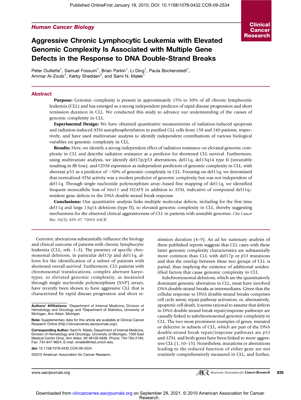 Aggressive Chronic Lymphocytic Leukemia with Elevated Genomic Complexity Is Associated with Multiple Gene Defects in the Response to DNA Double-Strand Breaks