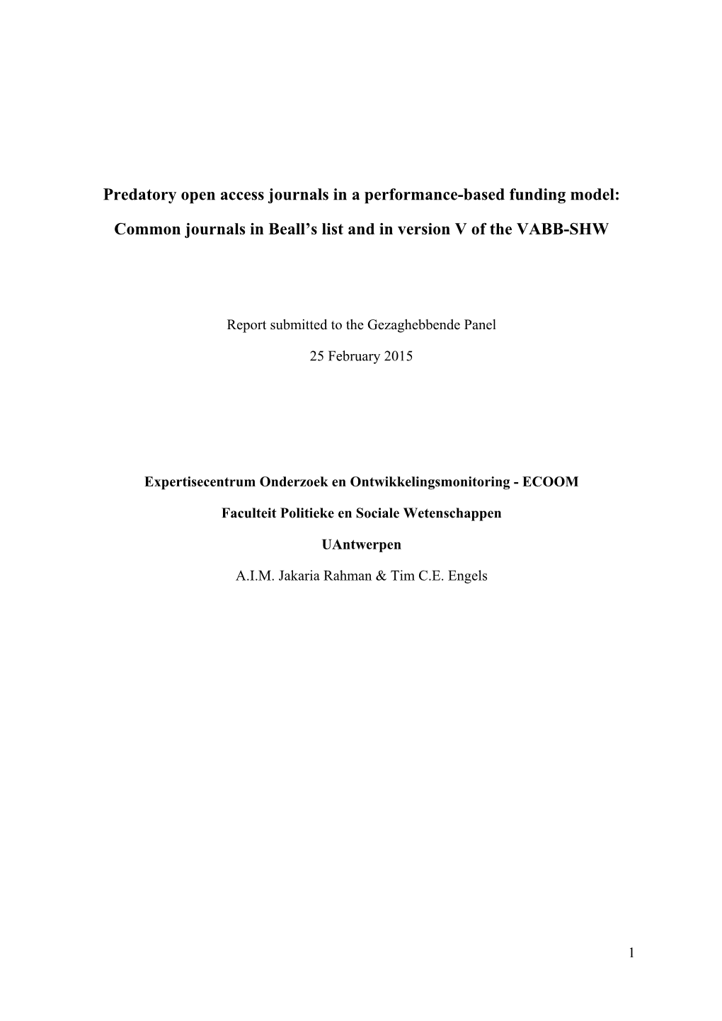 Predatory Open Access Journals in a Performance-Based Funding Model: Common Journals in Beall's List and in Version V of the V