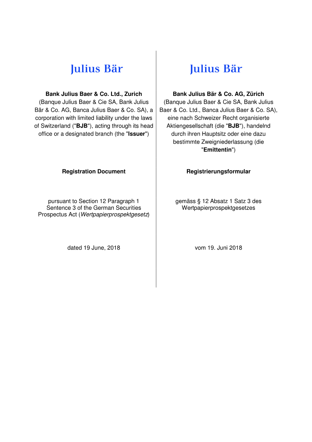 Registration Document of Bank Julius Baer & Co. Ltd