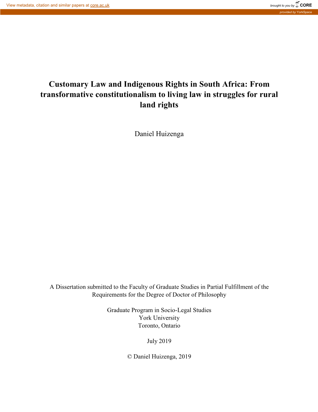 Customary Law and Indigenous Rights in South Africa: from Transformative Constitutionalism to Living Law in Struggles for Rural Land Rights
