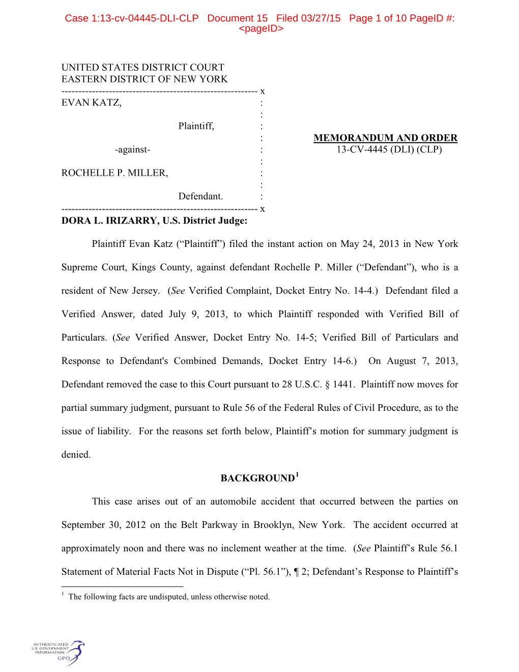 Case 1:13-Cv-04445-DLI-CLP Document 15 Filed 03/27/15 Page