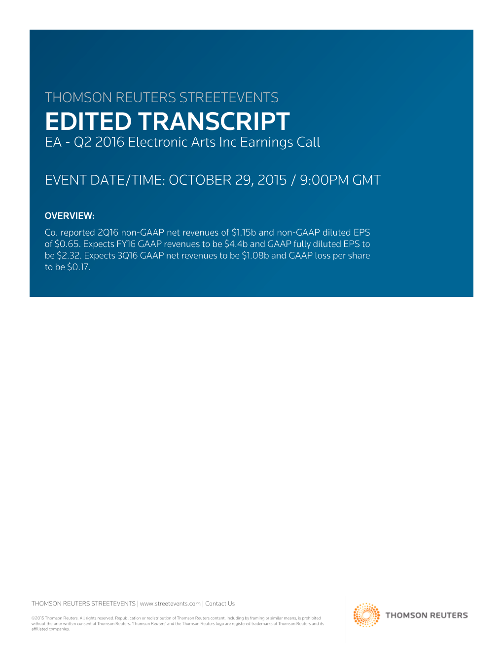 Q2 2016 Electronic Arts Inc Earnings Call on October 29, 2015 / 9:00PM