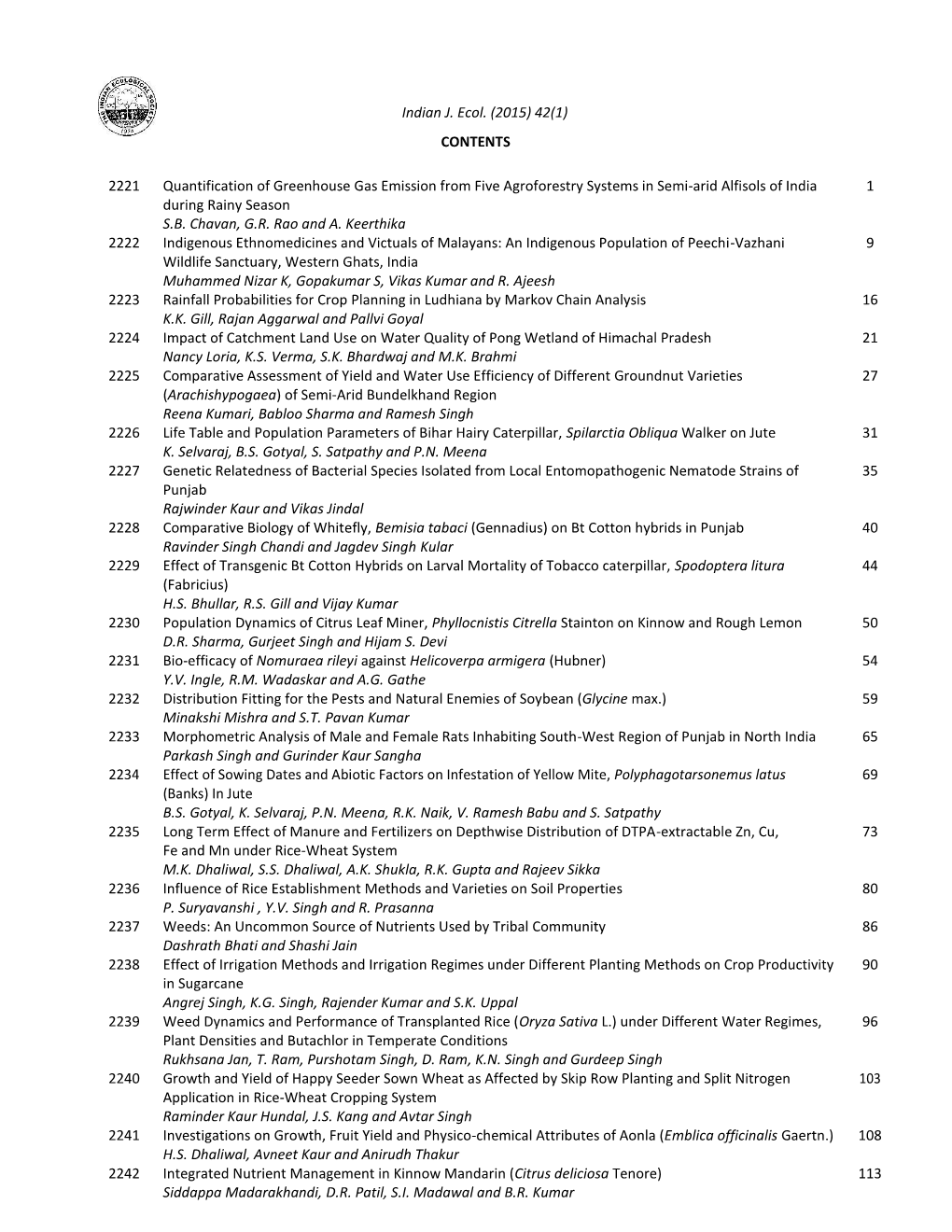Indian J. Ecol. (2015) 42(1) CONTENTS 2221 Quantification Of