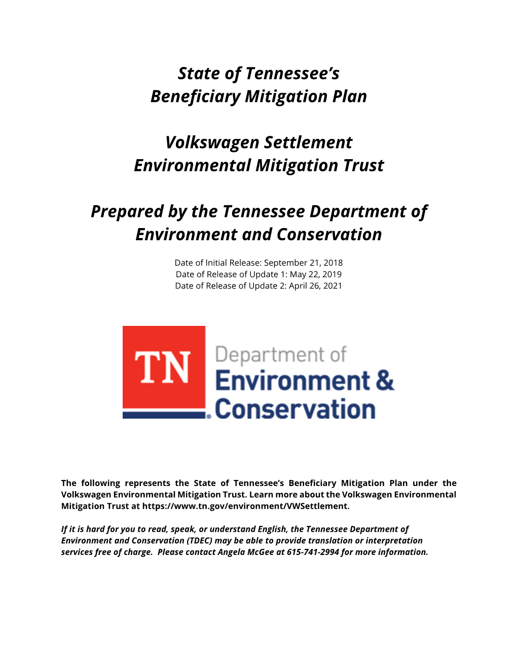 State of Tennessee's Beneficiary Mitigation Plan Volkswagen