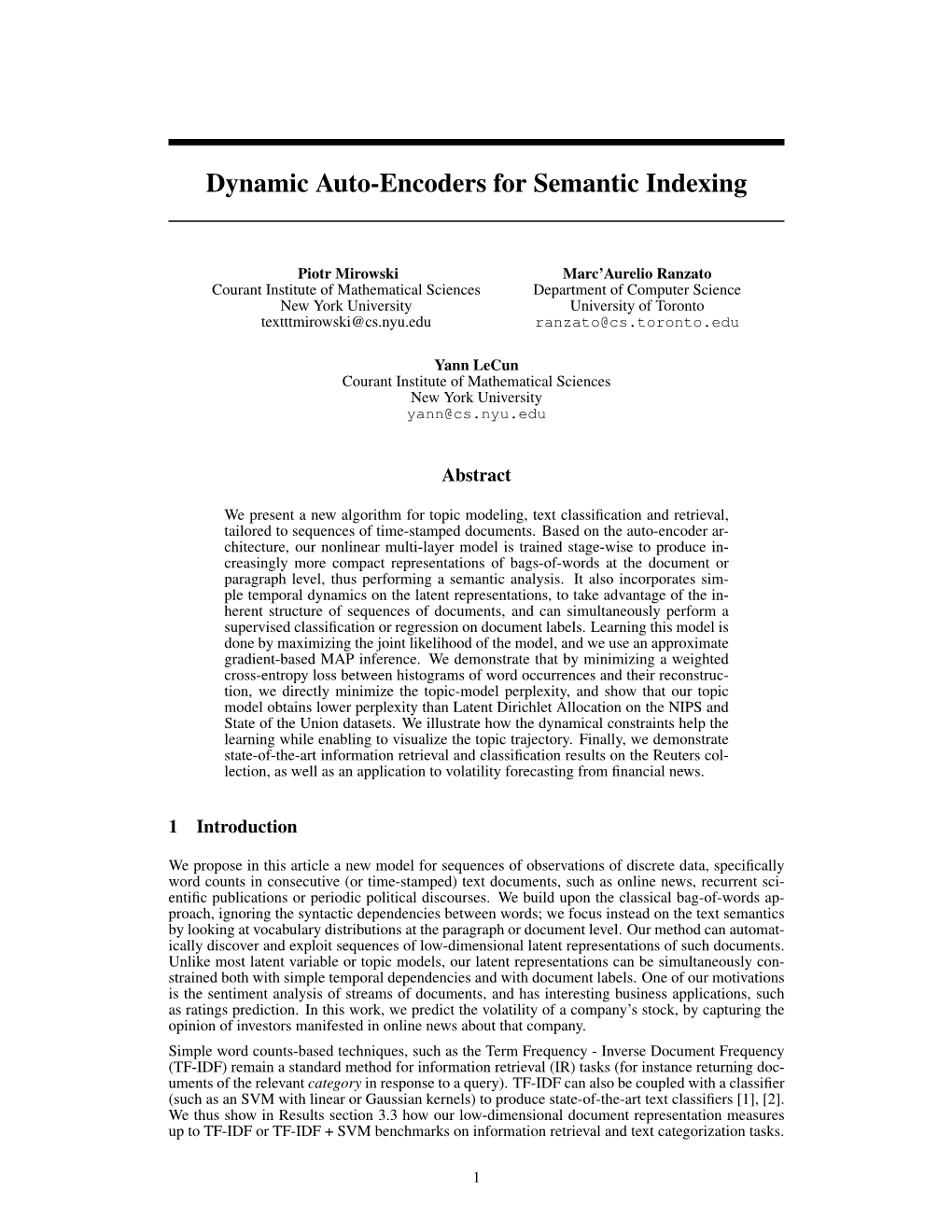 Dynamic Auto-Encoders for Semantic Indexing