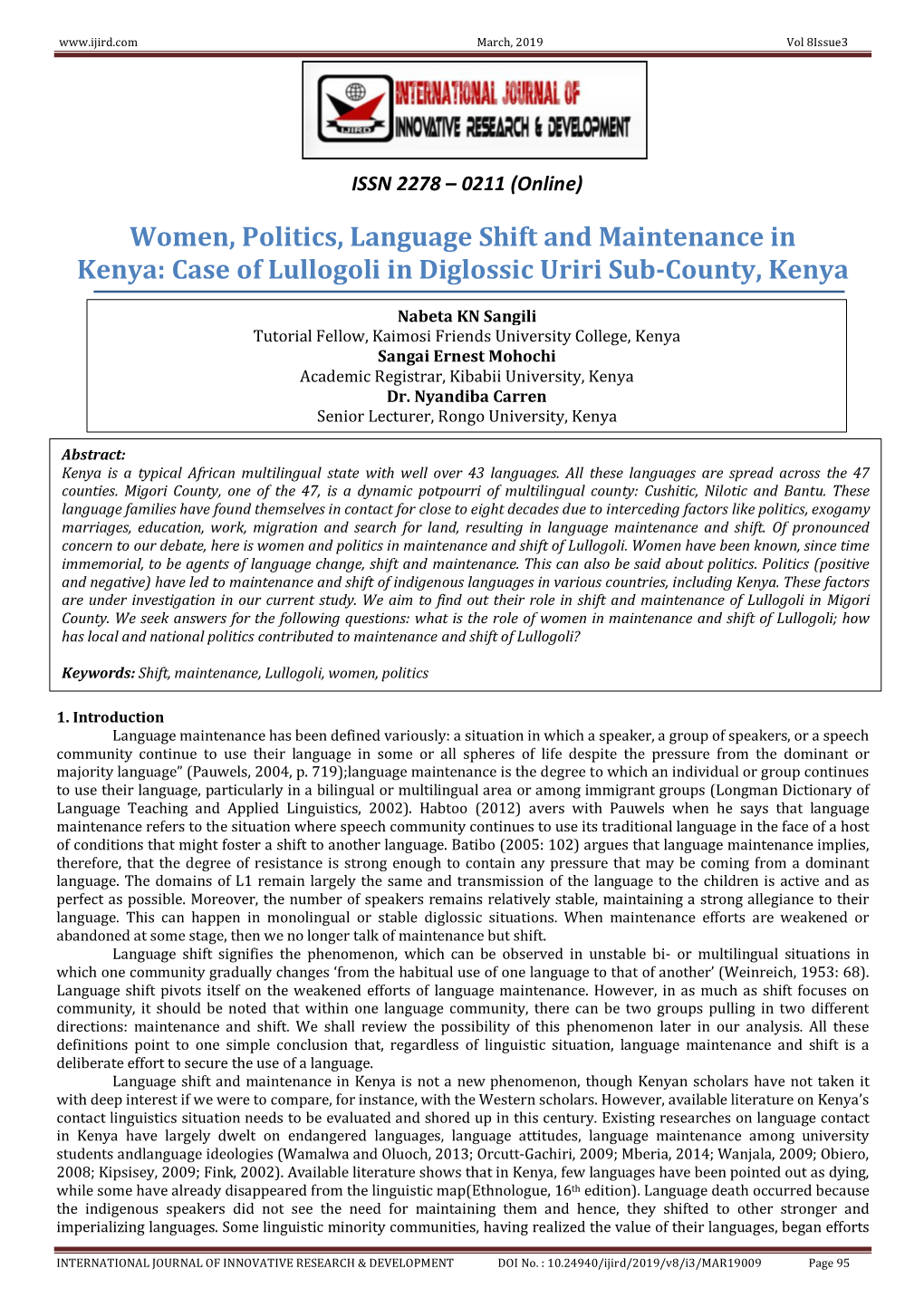 Women, Politics, Language Shift and Maintenance in Kenya: Case of Lullogoli in Diglossic Uriri Sub-County, Kenya