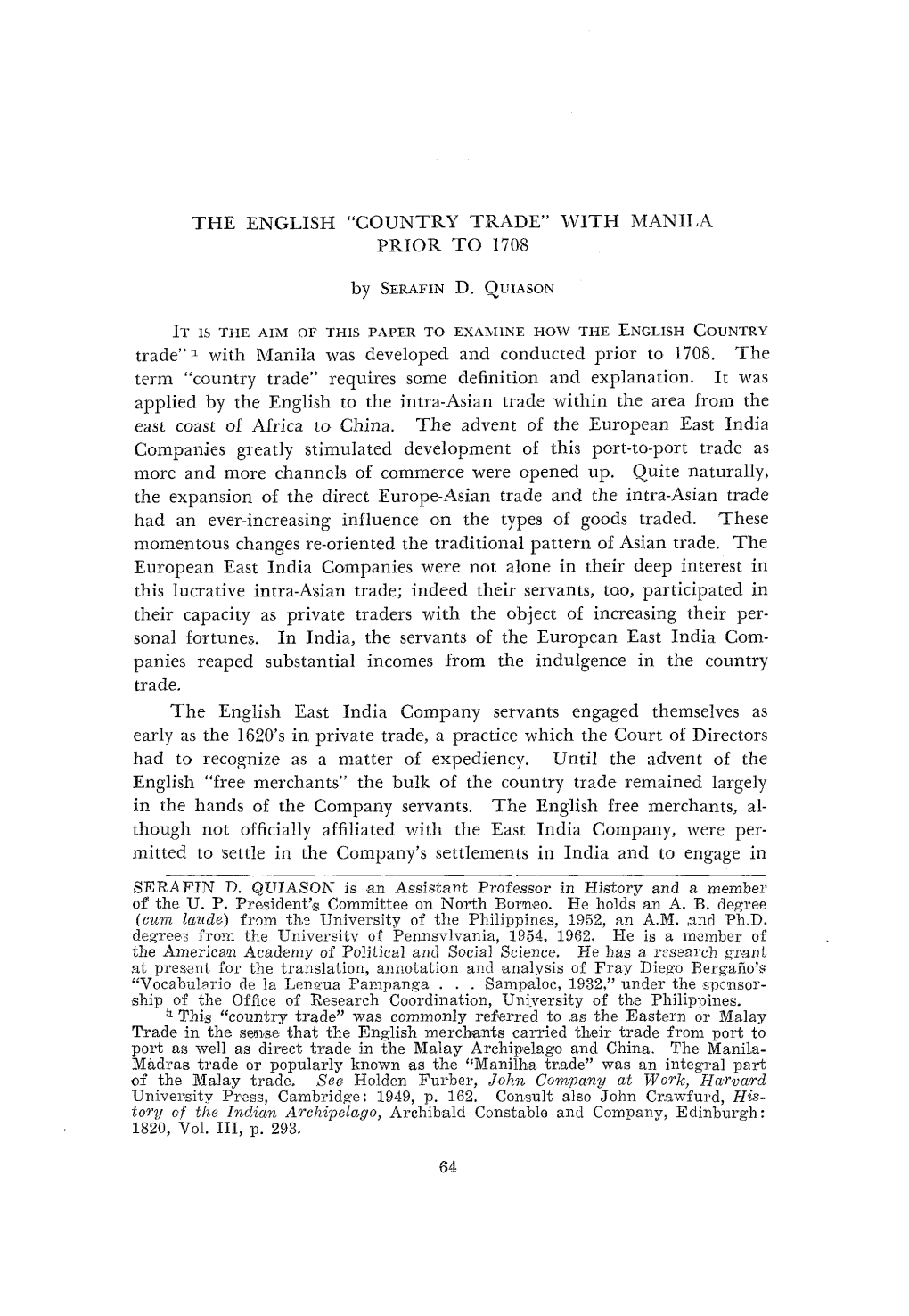 The English "Country Trade" with Manila Prior to 1708