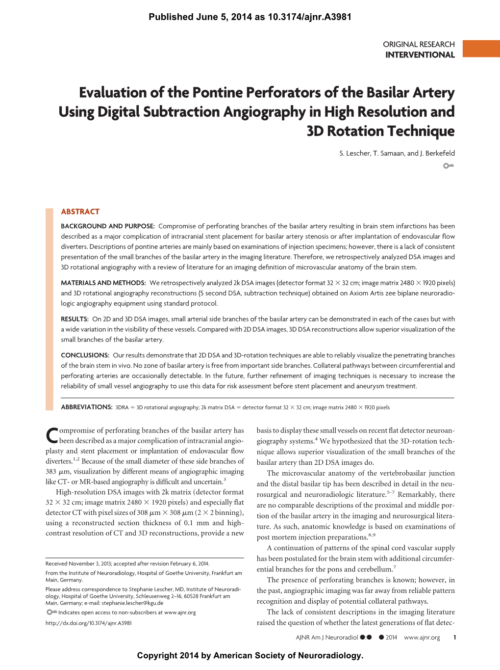 Evaluation of the Pontine Perforators of the Basilar Artery Using Digital Subtraction Angiography in High Resolution and 3D Rotation Technique