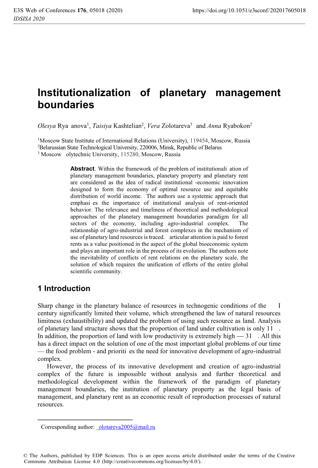 Institutionalization of Planetary Management Boundaries