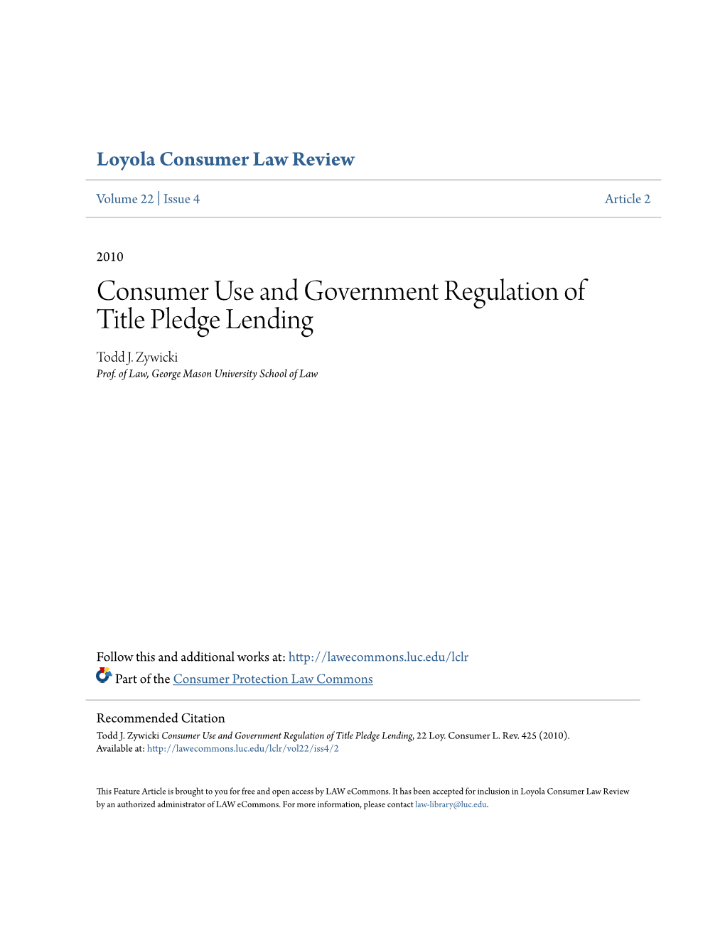 Consumer Use and Government Regulation of Title Pledge Lending Todd J