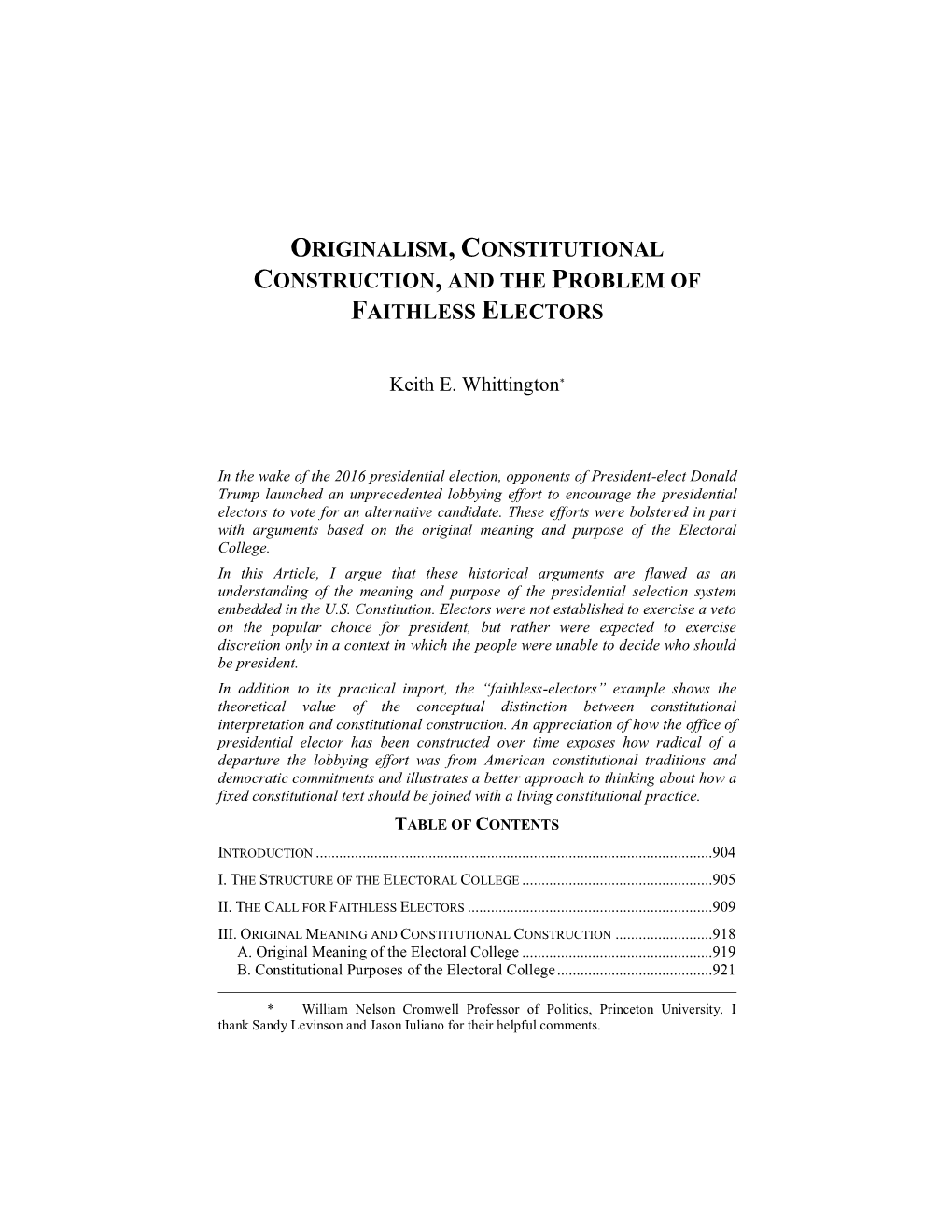 Originalism, Constitutional Construction, and the Problem of Faithless Electors