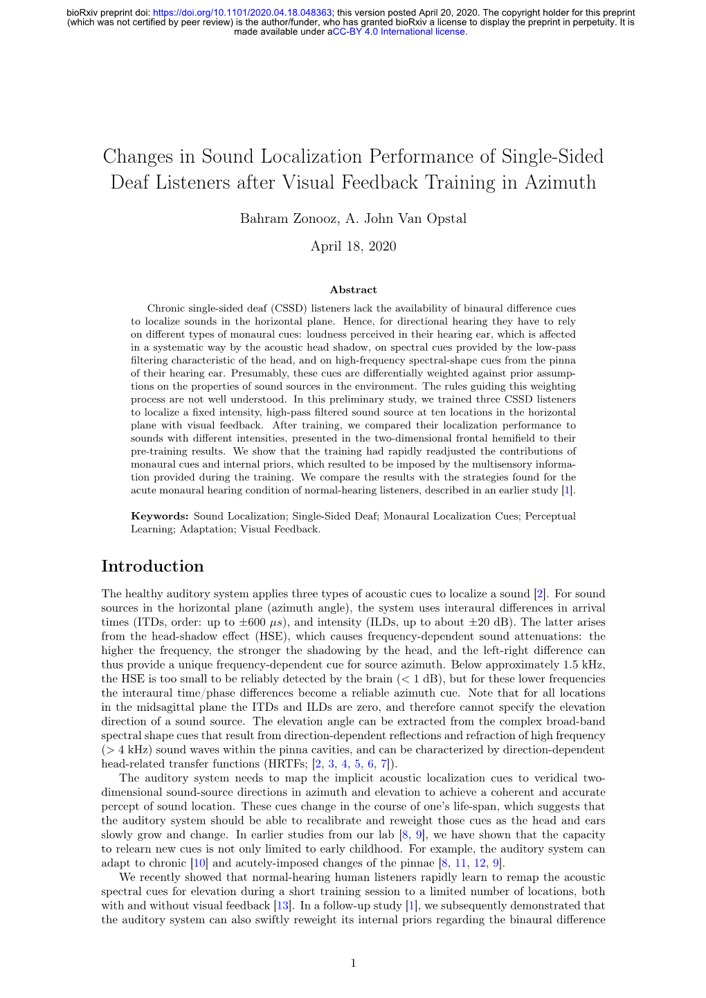 Changes in Sound Localization Performance of Single-Sided Deaf Listeners After Visual Feedback Training in Azimuth