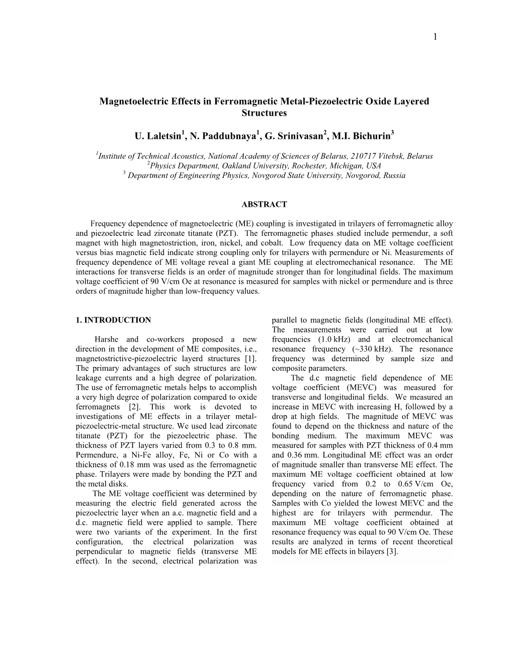 1 Magnetoelectric Effects in Ferromagnetic Metal-Piezoelectric