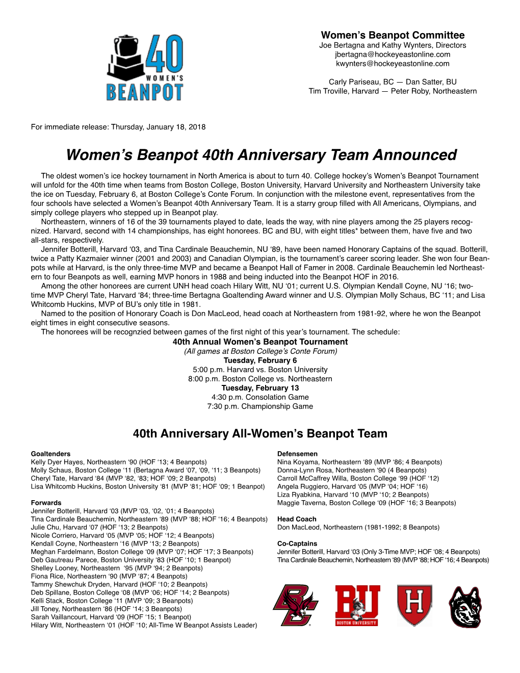 Women's Beanpot 40Th Anniversary Team Announced