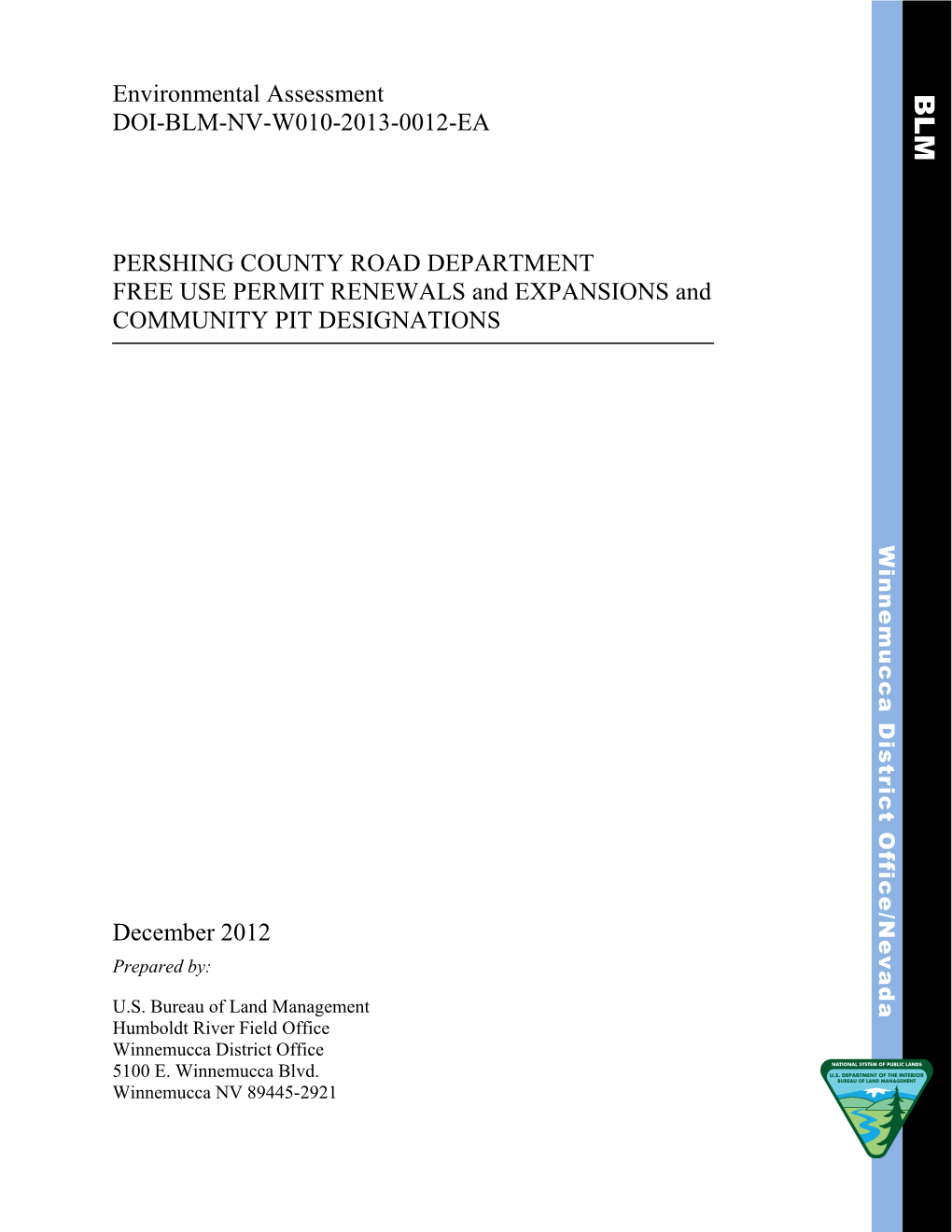 Environmental Assessment DOI-BLM-NV-W010-2013-0012-EA