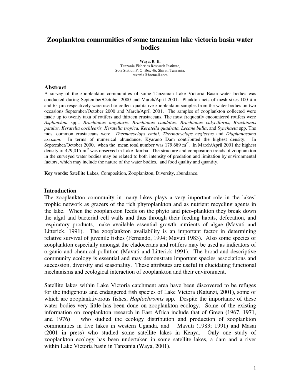 Zooplankton Communities of Some Tanzanian Lake Victoria Basin Water Bodies