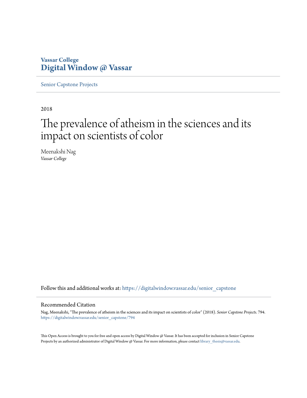 The Prevalence of Atheism in the Sciences and Its Impact on Scientists of Color Meenakshi Nag Vassar College