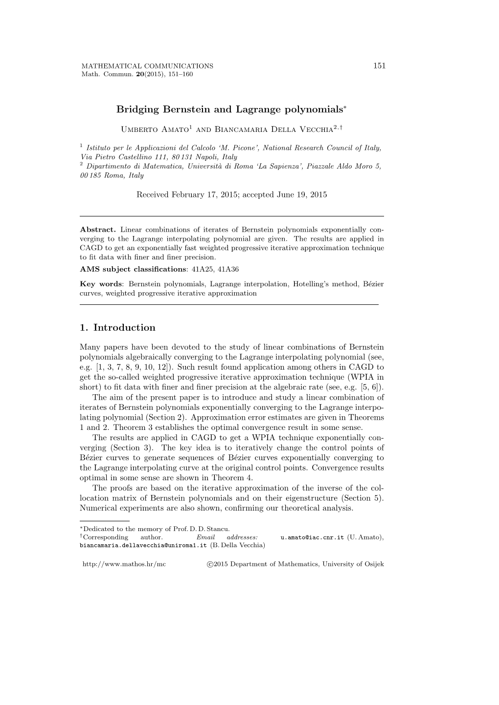 Bridging Bernstein and Lagrange Polynomials∗ 1. Introduction