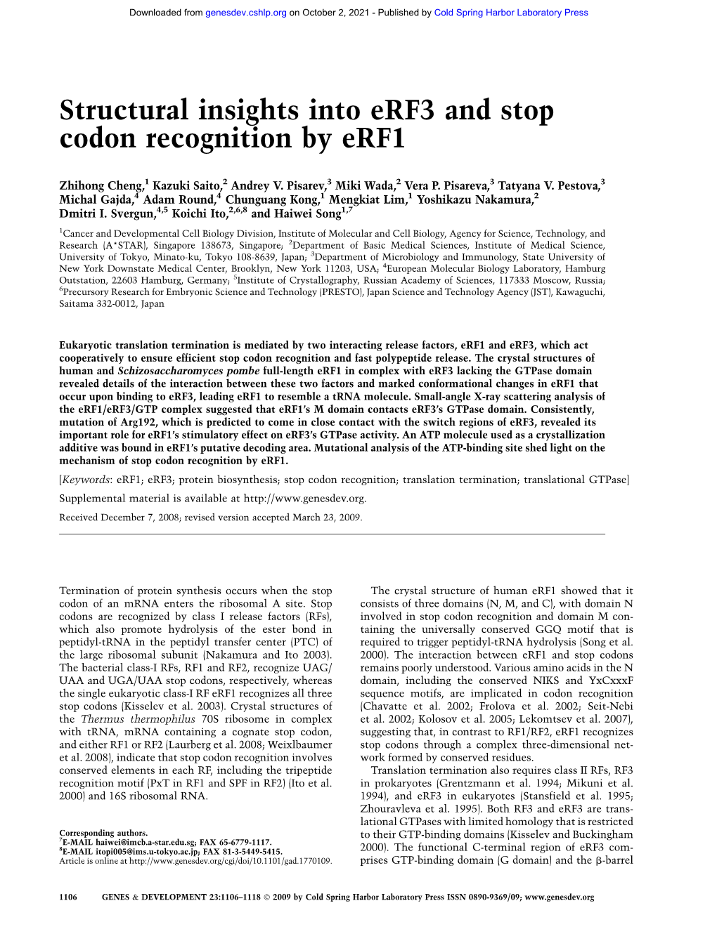 Structural Insights Into Erf3 and Stop Codon Recognition by Erf1