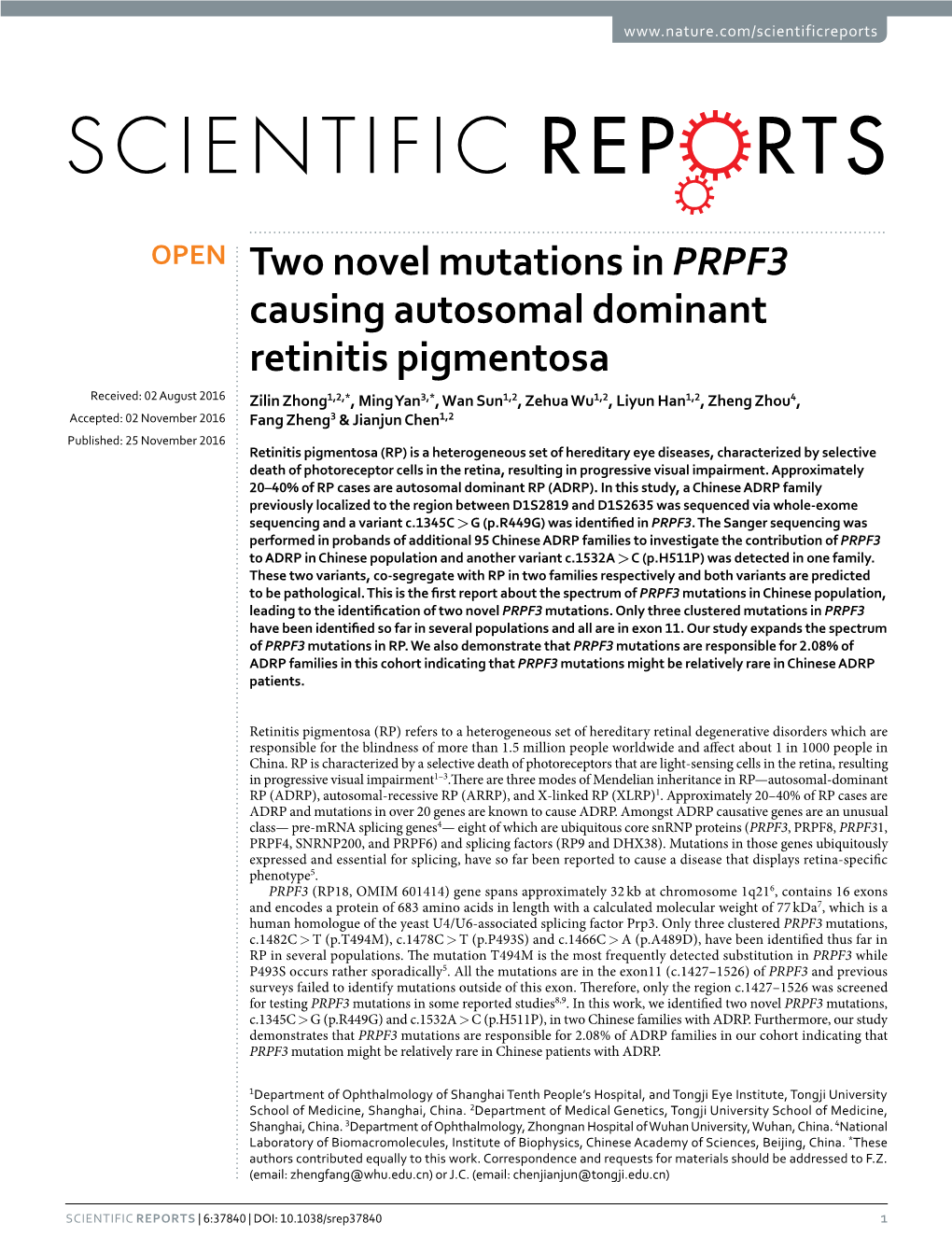 Two Novel Mutations in PRPF3 Causing Autosomal Dominant