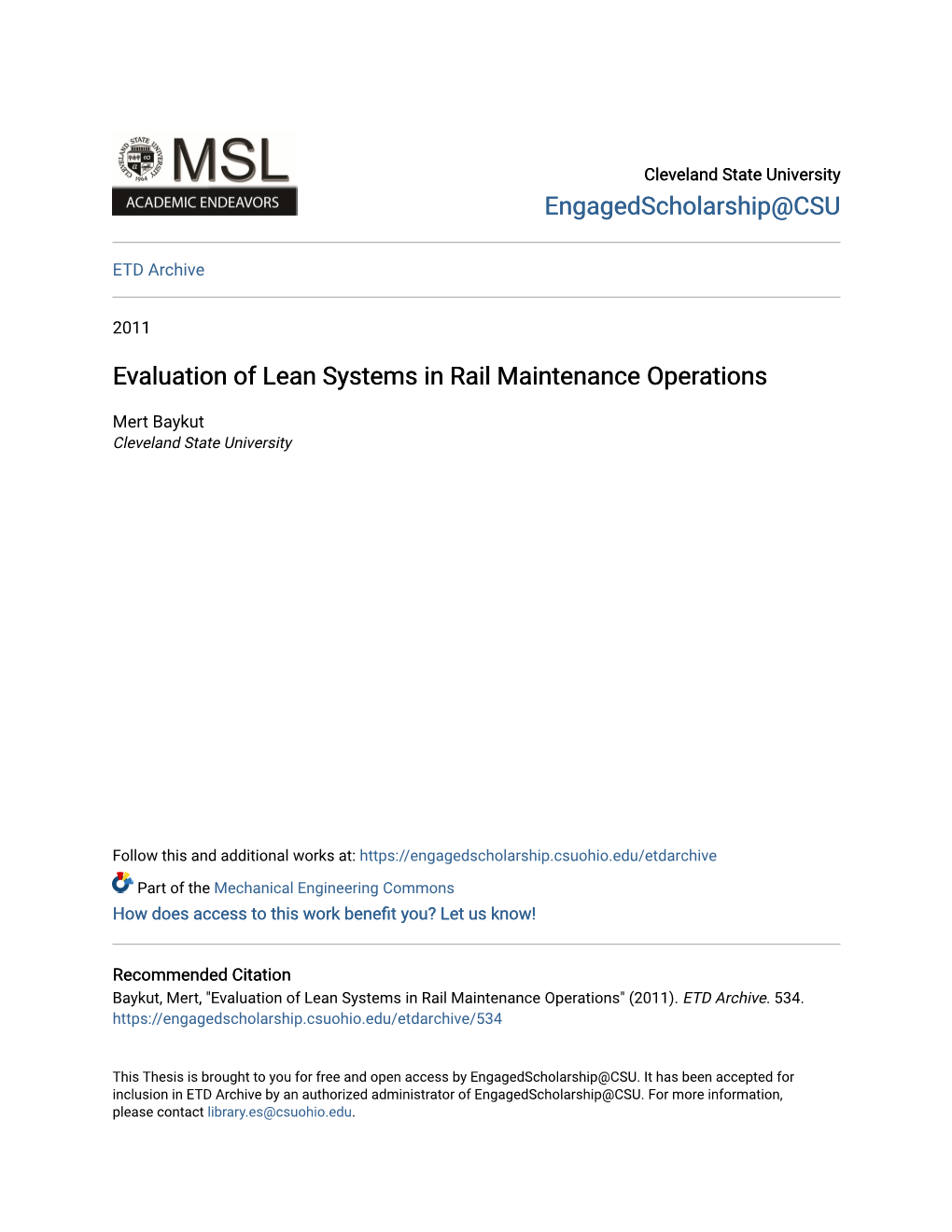 Evaluation of Lean Systems in Rail Maintenance Operations