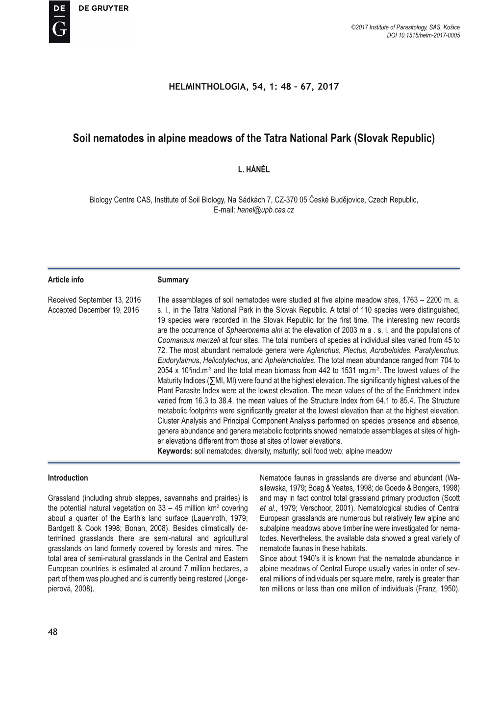 Soil Nematodes in Alpine Meadows of the Tatra National Park (Slovak Republic)